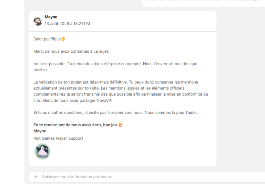 Capture d’un échange avec le support, fournie par NovaVP